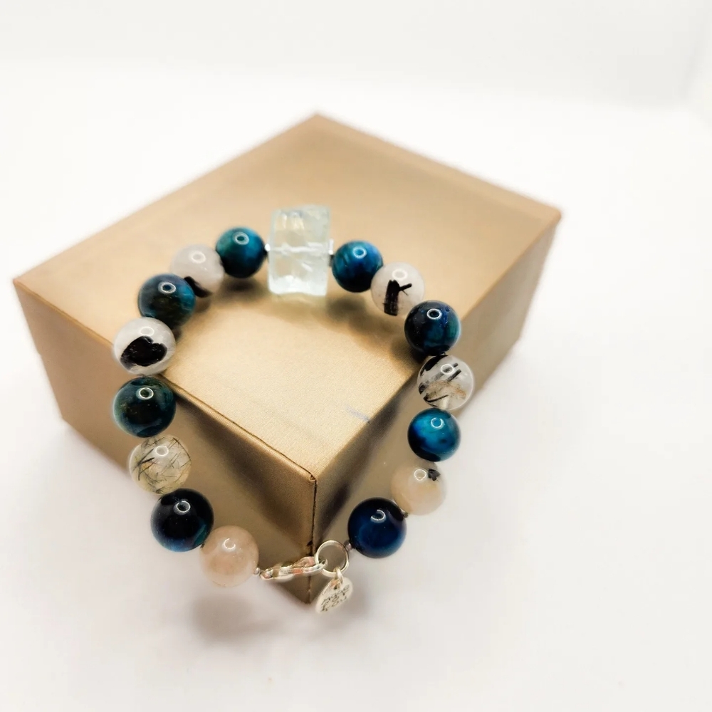 Blue Tiger Eye, Rutilated Quartz clasp bracelet